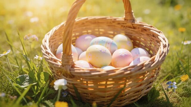 Shifting camera tightening focus, revealing wicker basket with pastel eggs in sunlit meadow