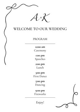 Wedding program card in monochrome.  with wavy wimsical elements. Vector minimalist template