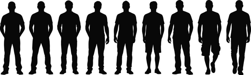 Collection of male standing silhouettes in casual poses, men character figures isolated black vector illustration set
