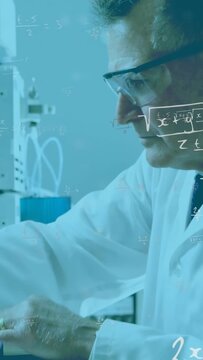 Vertical video: Senior scientist lowering clamp and metering yellow flow for assay, math overlaying
