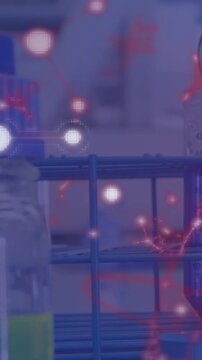 Animated overlay starting, nodes drifting and clustering over metal rack with bottles for retail