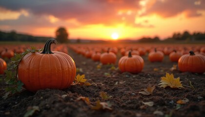 Orange pumpkins fill a field at sunset. Colorful sky glows orange and yellow over the rural farm landscape. Autumn harvest season begins with seasonal fall crops.