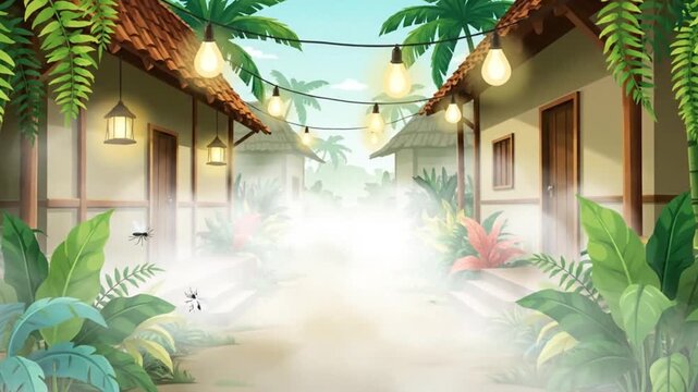 Mosquito fogging animation in a tropical resort or village area with palm trees and hanging decorative lights.