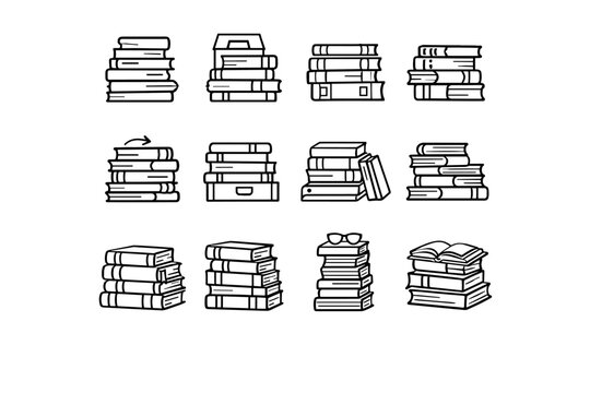 Library Books Pile. Line icon set of Library Books Pile: library book stack, catalog books pile, labeled book spines, borrowed books stack, returned books
