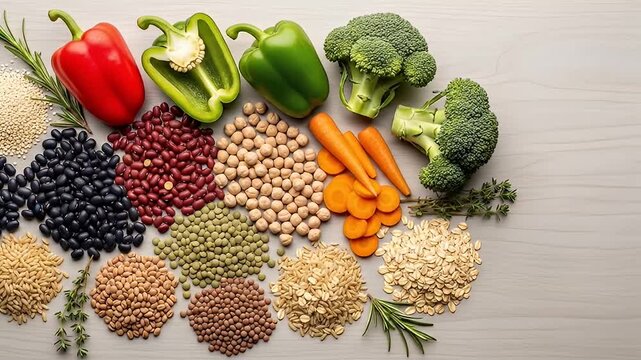 Overhead shot of assorted legumes, grains, and vegetables arranged on a light wood surface
