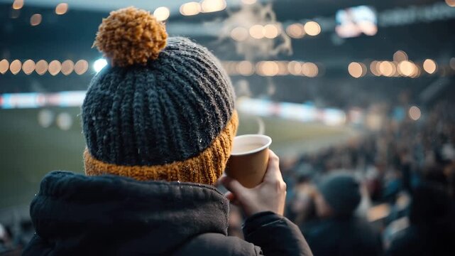Fan enjoys hot drink while watching events at outdoor stadium during evening