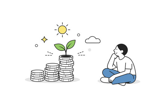 Long-Term Investment Growth. A character observing a simple plant growing from a stack of coins, symbolizing gradual wealth accumulation. Peaceful optimistic