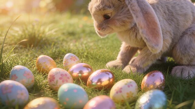 Spotting shiny rose-gold egg, furry rabbit nudging, rolling and arranging eggs on grass, copy space