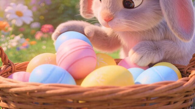 Seeing eggs, rabbit probing with forepaws in wicker basket in sunlit garden, selecting blue egg