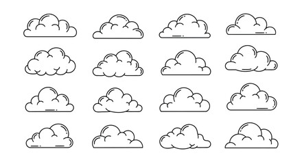 Collection of twelve simple line-drawn cloud shapes in a grid layout