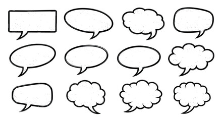 Fototapeta premium Collection of various hand-drawn black speech and thought bubbles in different shapes and styles with a subtle texture on white.
