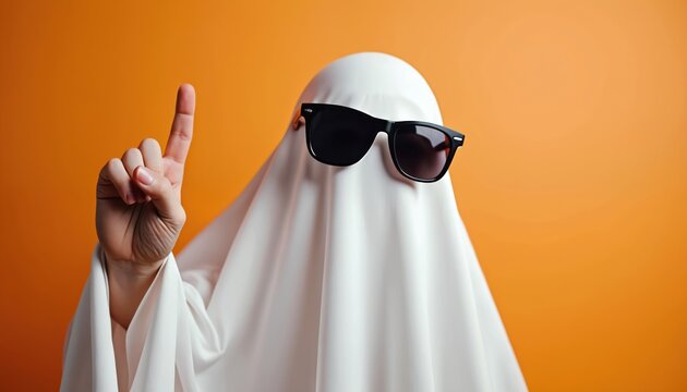 Funny ghost in sunglasses points finger up on orange background. Playful spirit shows something important or gives instruction. This image represents Halloween or spooky themes with a modern twist.