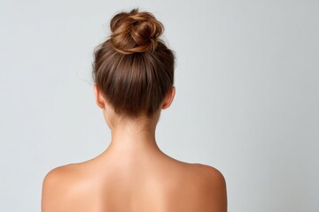 Fototapeta premium Upper Body View of a Woman from Behind with Hair in a Bun Against a Neutral Background