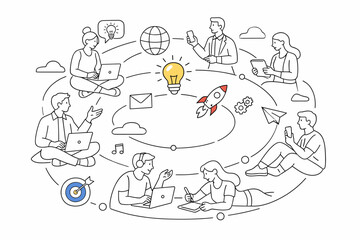 Naklejka premium Open Innovation Network. People positioned in a circular layout, connected through devices and idea symbols. The scene feels modern and dynamic, showing ideas