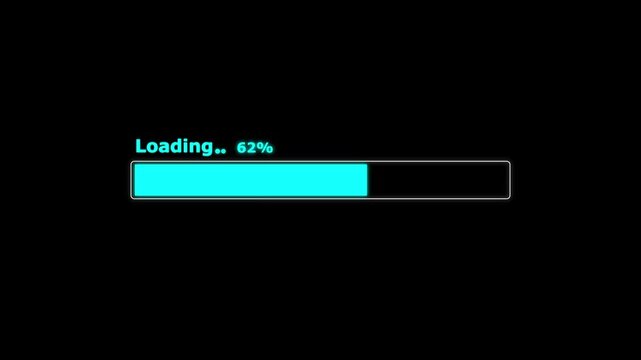 Detailed animation of a digital progress bar with percentage indicator showing percent loading status on a black screen.