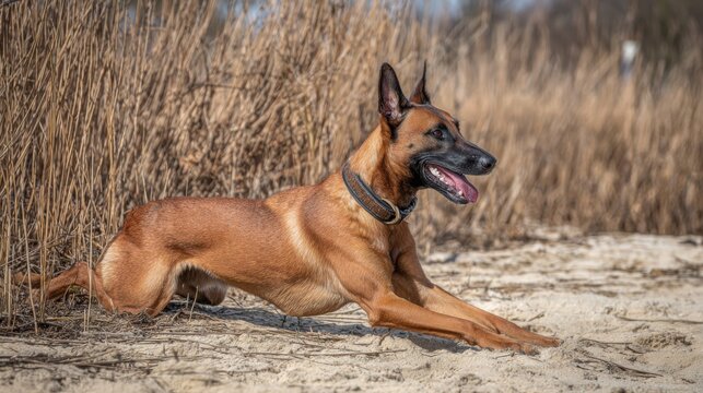 Alert Belgian Malinois Dog Showing Teeth and Body Low to the Ground in Outdoor Field