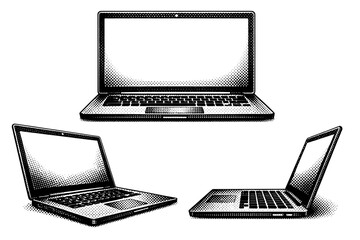 Fototapeta premium Open laptop represented as a realistic notebook computer with visible screen bezel, keyboard layout, and trackpad, shown as one object. Black and white dot