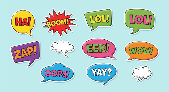 Colorful comic speech bubbles with humorous expressions on light blue background for fun and playful designs
