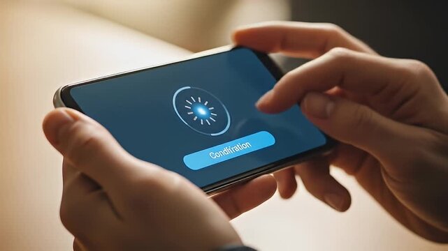 Hands hold a smartphone with a blue screen displaying a pending transaction status