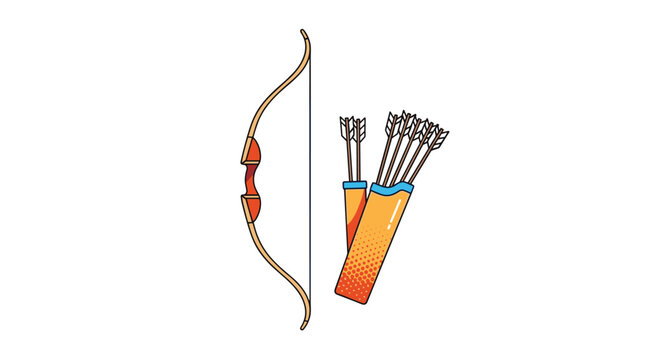 Traditional wooden recurve bow next to a quiver of arrows with white feathers and blue details on a simple white background for sports.