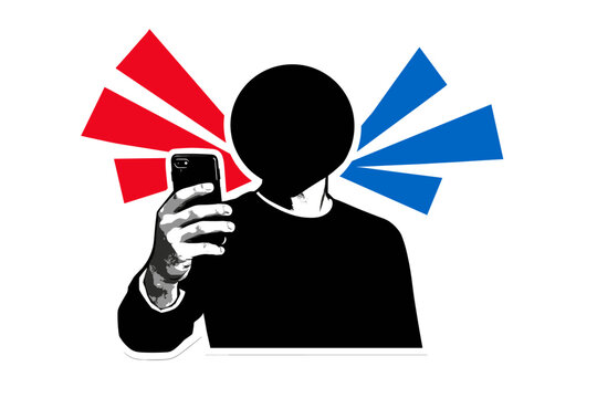 A faceless human silhouette taking a selfie with a smartphone, head replaced by a bold black circle, realistic hand in black and white holding the phone,