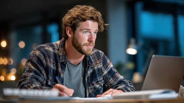 College student studies at a table while using a laptop in a bright setting during evening hours