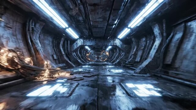 Futuristic Sci-Fi Corridor with Glowing Lights and Metallic Texture