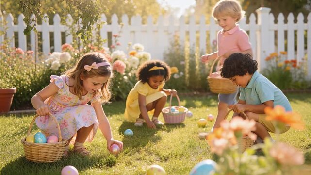 Hunt starting, four children searching yard and collecting eggs into wicker baskets, yellow dress