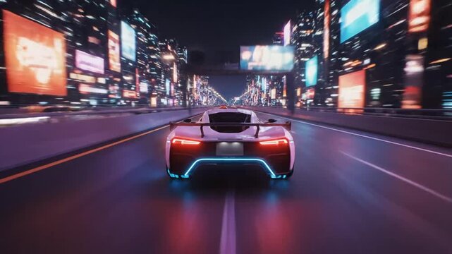 Futuristic Sports Car Driving Fast Through Neon City
