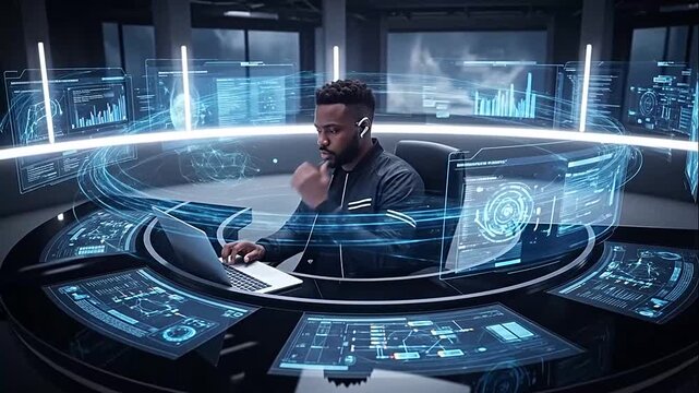 Futuristic Tech Expert Working on Data Analysis with Screens