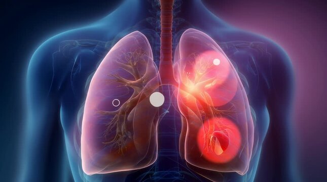 Medical infographic style visualization of [human lungs], 100% anatomically accurate structure, realistic human anatomy proportions, semi-transparent body or skeletal context, clinical blue-purple gra