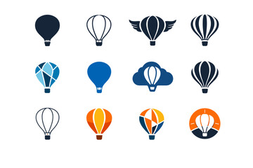 Flying high. Icon set. Set Logo of Flying high: hot air balloon. harmonious logo variations of the same emblematic concept, each with different artistic