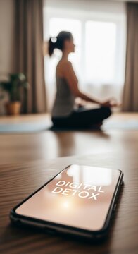 Indoor meditation scene with smartphone showing digital detox message for home wellness background and mindfulness practice