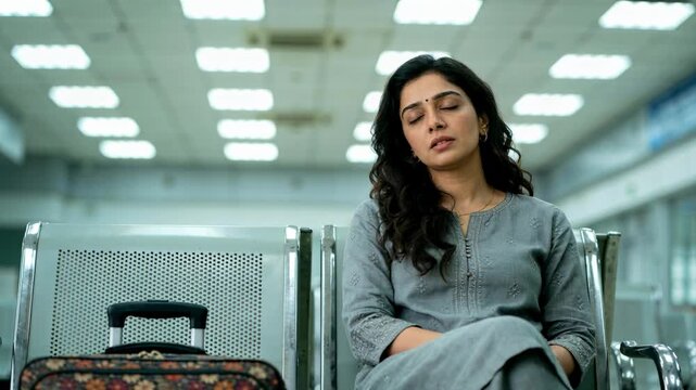 Sitting woman traveler in grey kurta waiting for boarding call in terminal, printed suitcase nearby