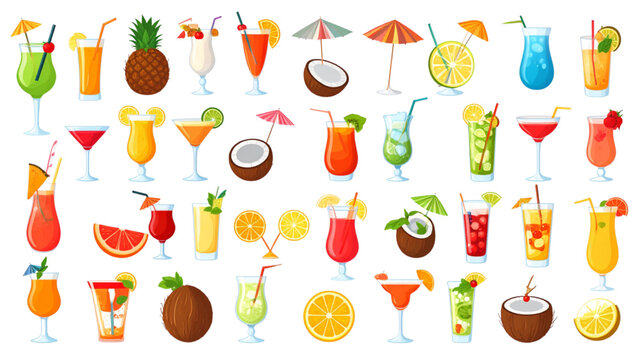 Tropical Summer Cocktails and Fruit Drinks Vector Set