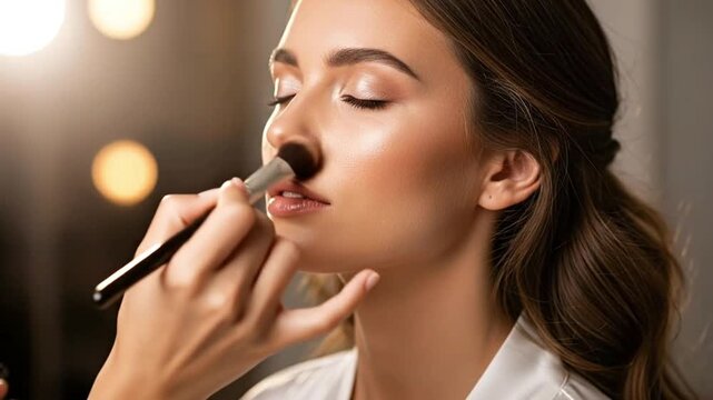 Close-up of a model receiving makeup application with glowing skin.