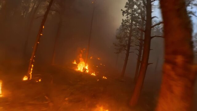 High speed fpv drone diving burning pine forest thick black smoke glowing orange fire flame extreme environmental disaster heat wood hazard wildfire nature destruction climate emergency action
