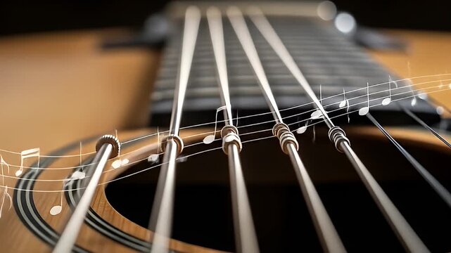 Close-up of an acoustic guitar's strings with superimposed floating musical notes
