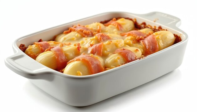 Close-up of Belgian chicons baked in cream sauce with cheese and bacon slices in a white baking dish. Delicious gratin with fresh herbs on top.