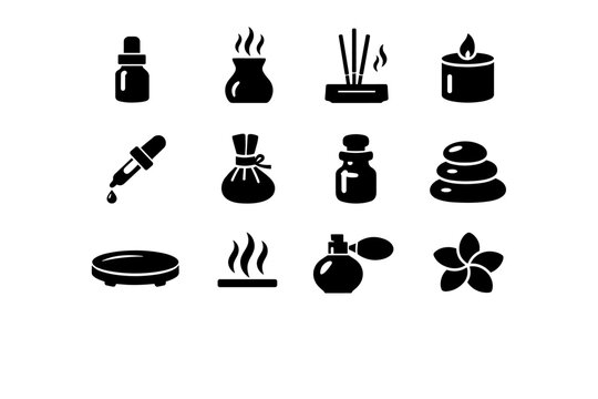 Aromatherapy Spa Display. Solid icon set of Aromatherapy Spa Display: essential oil bottle, aroma diffuser, incense sticks, scented candle, oil dropper, herbal