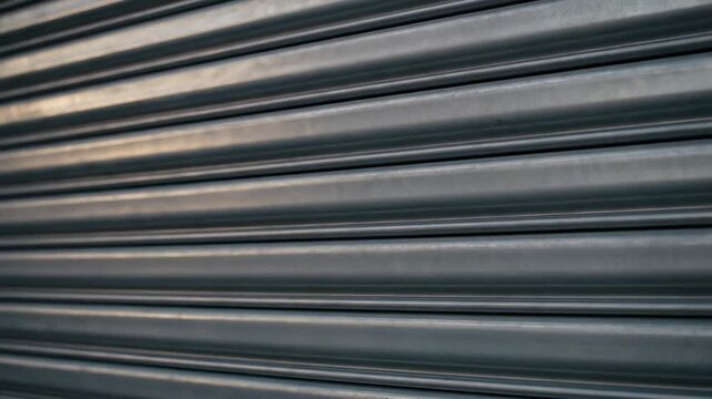 Metallic rolling shutter door with sunlight reflections, showcasing texture and color variations in sequential frames, highlighting the gradual change in light and shadow patterns
