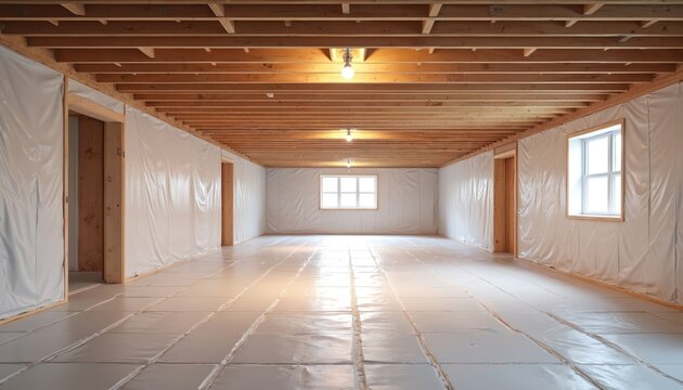 Unfinished basement interior with wooden beams, support columns, and plastic sheeting on walls. Bright windows illuminate the empty space with a finished floor ready for use.