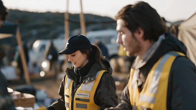 An organized shelter for migrants showcases volunteers distributing food and essentials, ensuring that everyone receives vital resources and emotional support during their transition to a new life.