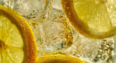 Sparkling water macro shot with fresh lemon slices and ice cubes in a glass carbonated beverage with bubbles. Refreshing summer drink concept with a background of cold citrus soda.