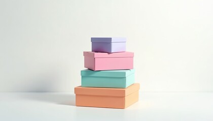 Obraz premium Four pastel gift boxes stacked in a tower. Boxes in peach, mint, pink, and lavender colors on white surface. Surprise gifts for celebrations like birthdays or holidays.