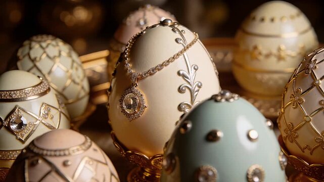 Revealing camera pulling closer to cream enamel egg on studio tray, highlighting pendant detail
