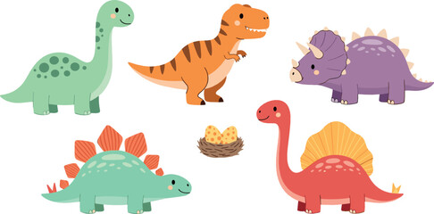 Cute dinosaur vector set with T rex, stegosaurus, triceratops, brachiosaurus and nest egg cartoon prehistoric illustration © Yevhenii creative