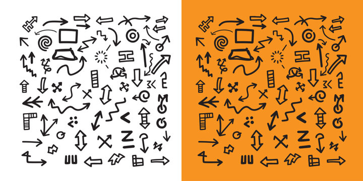 A collection of various symbols and icons in black and orange