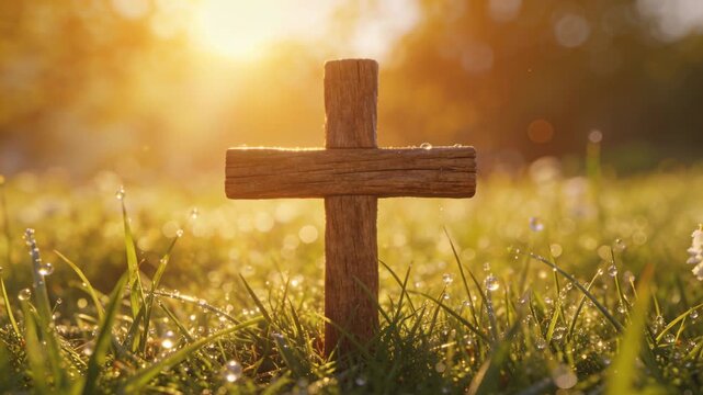 Sunlight brightening wooden cross, cross reflecting light in meadow, dewy grass and white daisies