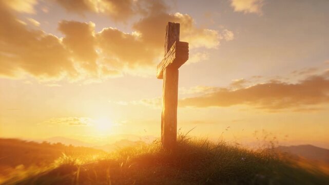 Weathered cross standing on mound, sun rising and wind scattering seeds, film framing silhouette